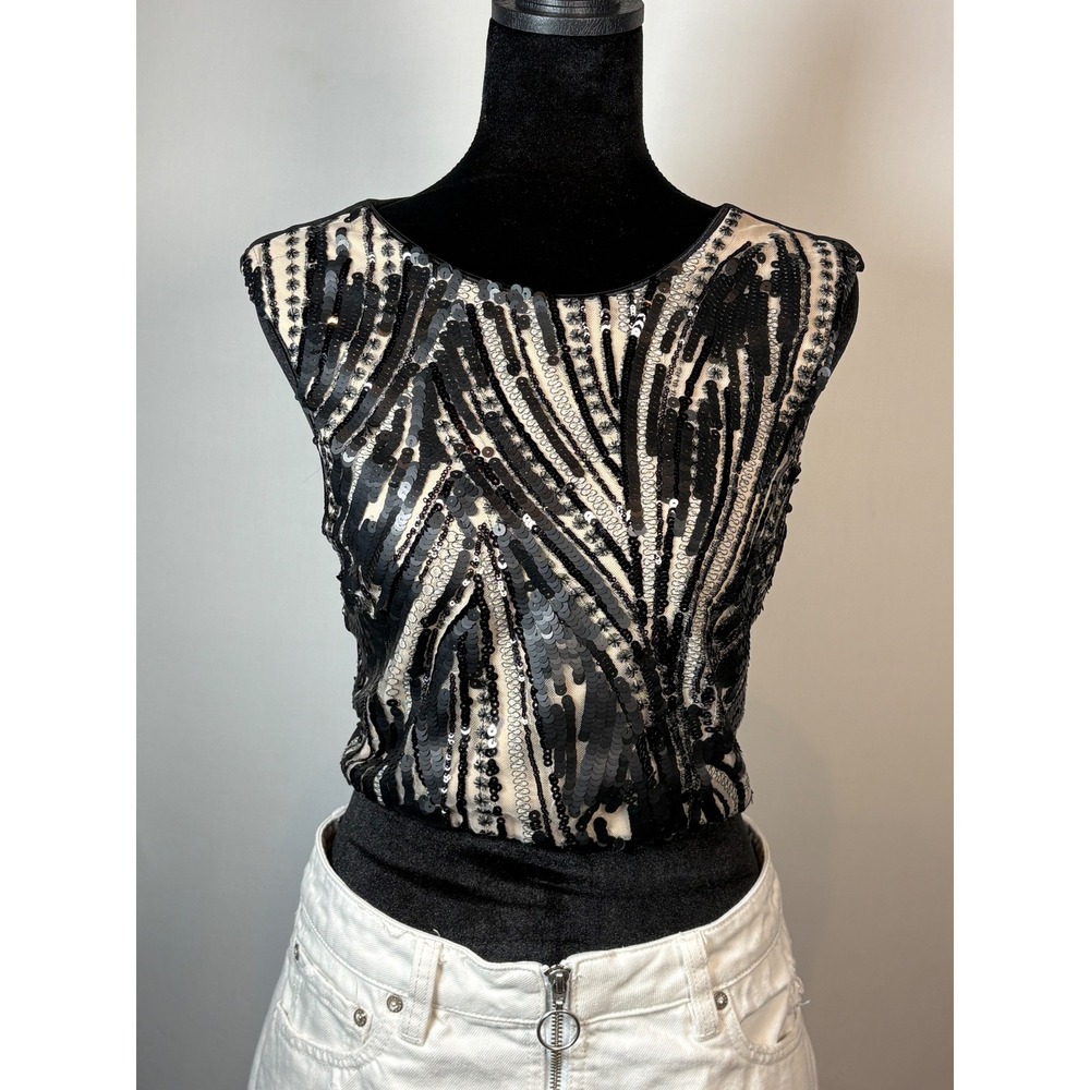 Bebe Black Silver Sequin Sleeveless Top Womens Small Made in USA Party Y2K Glam